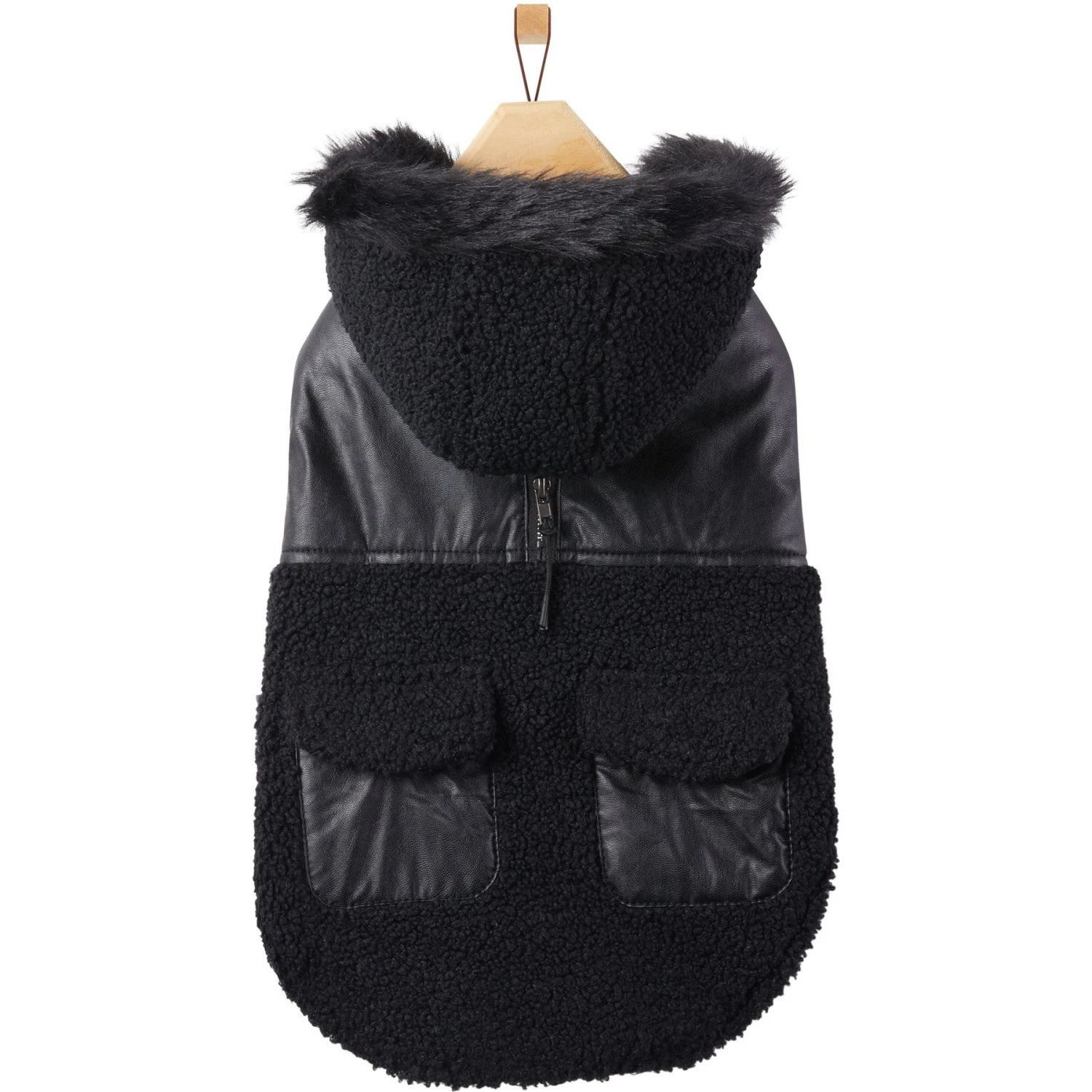 Frisco Medium Weight Faux Leather Dog & Cat Parka With Faux Fur Trimmed Hood, Black - Image 4